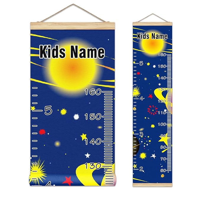 Personalized Kids Name Growth Chart Ruler for Wall Wood Frame Height Measure Chart 13.4x56 in Linen Hanging Height Growth Chart Cartoon Planets Star Solar Kids Room Decor