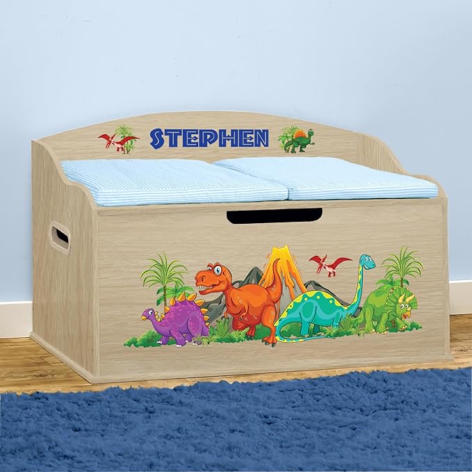 DIBSIES Personalized Creative Wonders Toy Box, Dinosaurs, 30 x 19.25 x 18 inches, Soft-Close Lid (Natural)