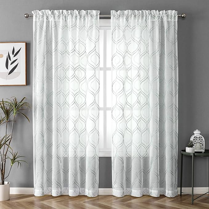 VISIONTEX White Sheer Curtains 108 Inches Long 2 Panels Set Green Moroccan Embroidered Curtains Trellis French Textured Rod Pocket Voile Tulle Semi Window Drapes for Bedroom Living Room 54 x 108 Inch