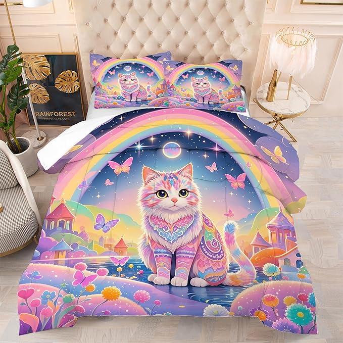 Cat Comforter Set Full: Rainbow Exotic Cat Bedding Set Kawaii Colorful Kitten Quilts Pet Feline Flowers Castle Bed Sets for Teens Girls Kids Women 1 Comforter & 2 Pillowcases