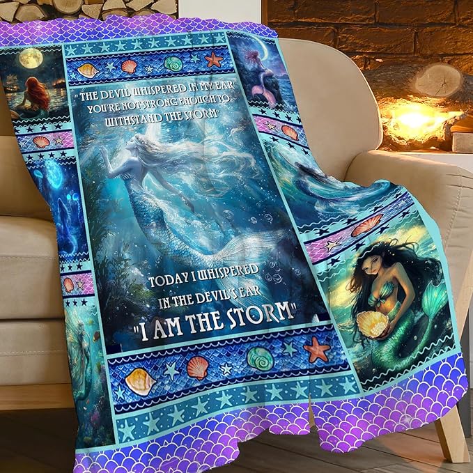 Mermaid Blanket for Girls Blue Ocean Throw Blankets Soft Cozy Warm Fuzzy Fleece Marine Life Shells Bedding Flannel Throws Stuffed Animal Gifts for Mermaid Lovers Kids Men Women Bedroom Decor 60"x50"