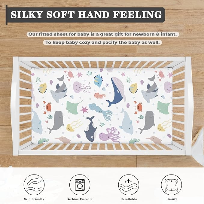 Sea Animals Fitted Crib Sheet for Boys Girls Fish and Octopus Baby Sheet for Standard Crib and Toddler Corals Nautical Aquatic Shells Nursery Bed Mattress Sheets 28"x52"