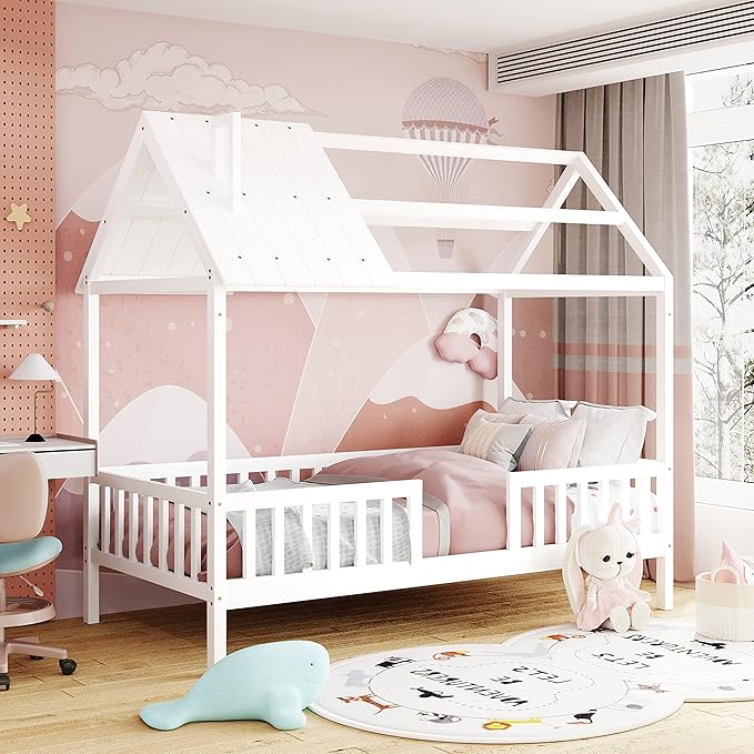 Bellemave Twin House BedFrame with Roof, Montessori Floor Bed, House Bed with Rails for Kids, White