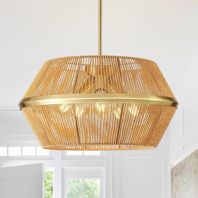WJShome 19" Boho Rattan Chandelier Light Fixture – 5-Light Hand Woven Pendant to Enhance Your Farmhouse Dining Room, Kitchen Island, and Living Room Decor!