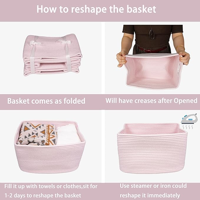 Cotton Rope storage Basket Bins Woven Basket for Organizing Shelves 14.5X9.5X9.3" Rectangle Decorative Baskets For storage Clothes Toys Books Towels Nursery basket organizer 3 pack light pink