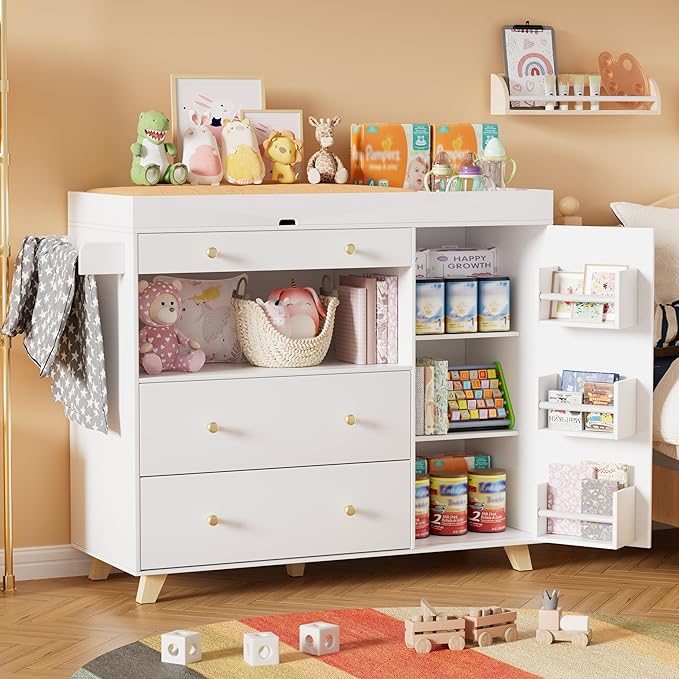 PAKASEPT Nursery Dresser with Baby Changing Table, Modern Diaper Changing Station, Dresser for Nursery with 2 Drawers & Shelves, Storage Crib with Changing Table, White