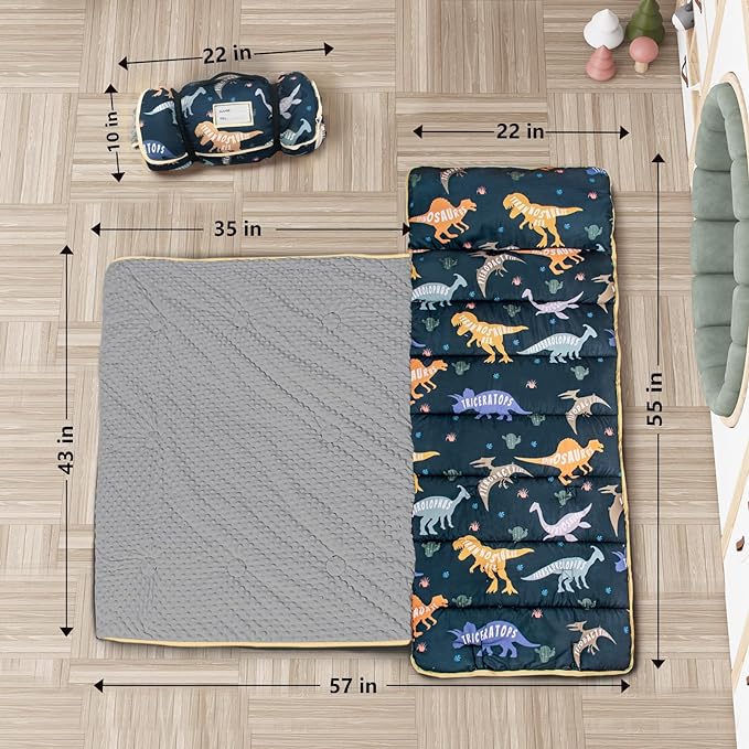 Primlect Thickened Toddler Nap Mat with Removable Pillow and Minky Blanket, Extra Large 55''x35'' Sleeping Bag, Washable, Roll up, Perfect for Daycare, Preschool, Kindergarten, Boys and Girls Dinosaur
