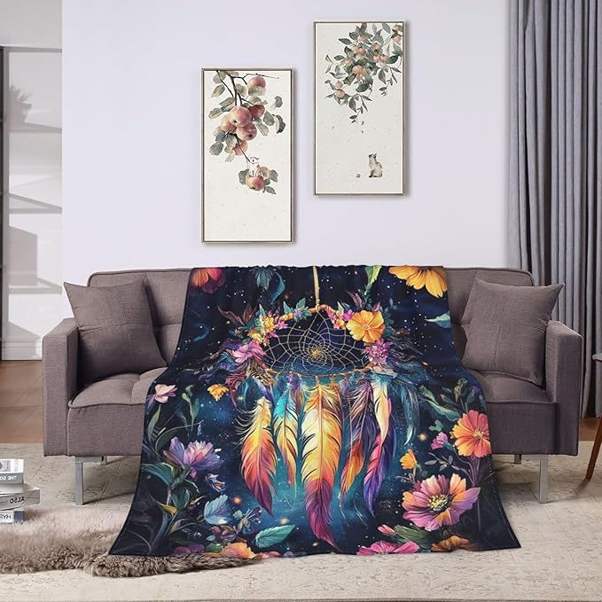 Dream Catcher Blanket Floral Feather Decor Throw Blanket Super Soft Flannel Lightweight Fluffy Plush Cozy Fuzzy Fleece Gifts Blanket for Girl Woman Man Boys Kids Adults for Bed Sofa 50"X60"