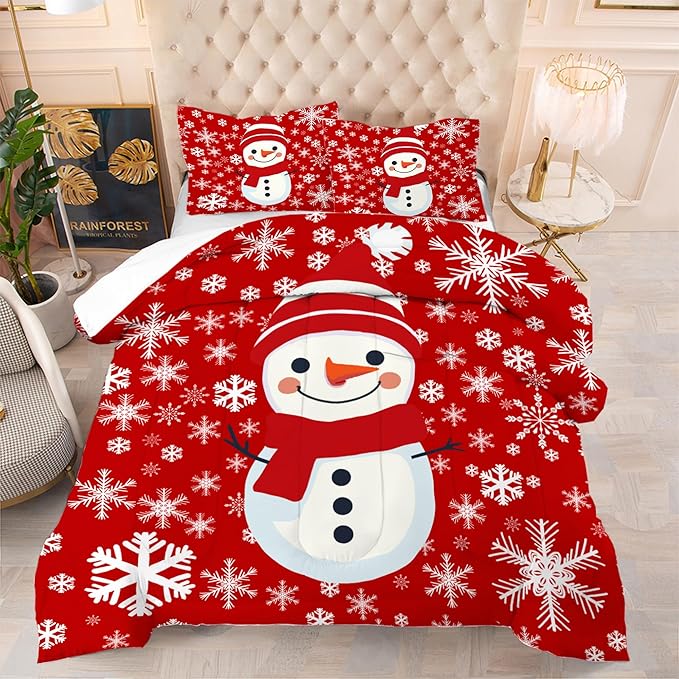 Christmas Comforter Set Queen: Christmas Snowman Red Bedding Sets for Teen Girls Women Bedroom Decor Xmas Snowflakes Quilt Winter Snow Duvet Bed Set 1 Comforter & 2 Pillowcases