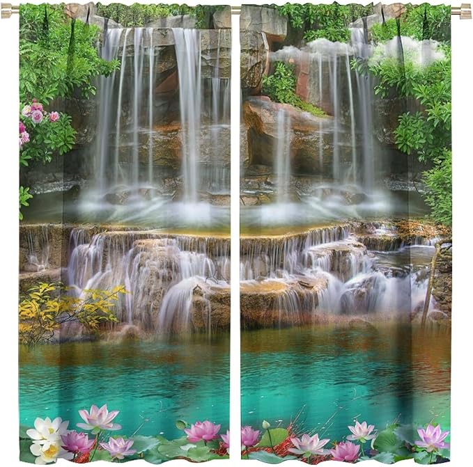 Waterfall Blackout Window Curtains, Rocky Waterfall to Pond Running Off Scenic Nature Themed Picture Print Window Drapes, for Living Room Bedroom 84x84in 2 Panels