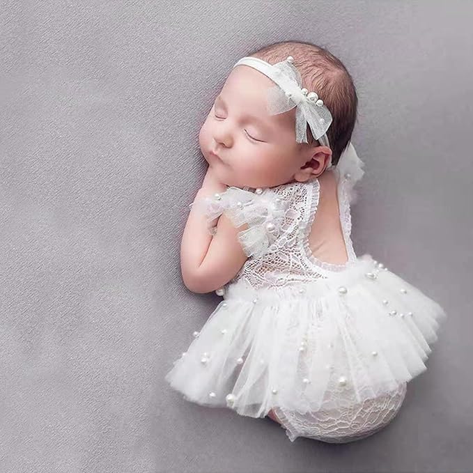 Newborn Lace Romper, 2 PCS Baby Girl Photography Props, Newborn Girl Photography Outfits with Flower Headband for Infants