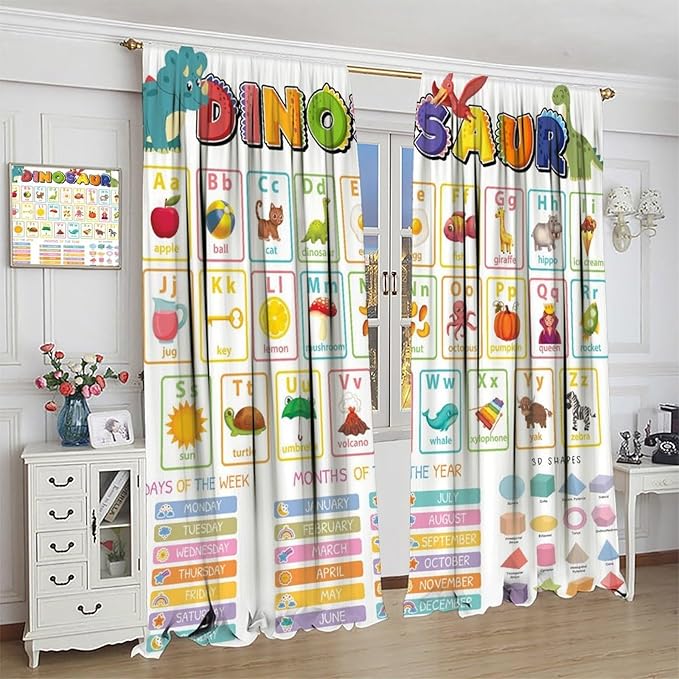 Funny Kids Alphabet Curtain, Cartoon Animal Alphabet Learning Dinosaur Boys Kids Students Baby Educational Colorful Blackout Window Treatments for Bedroom Living Room School 72" W X 63" L