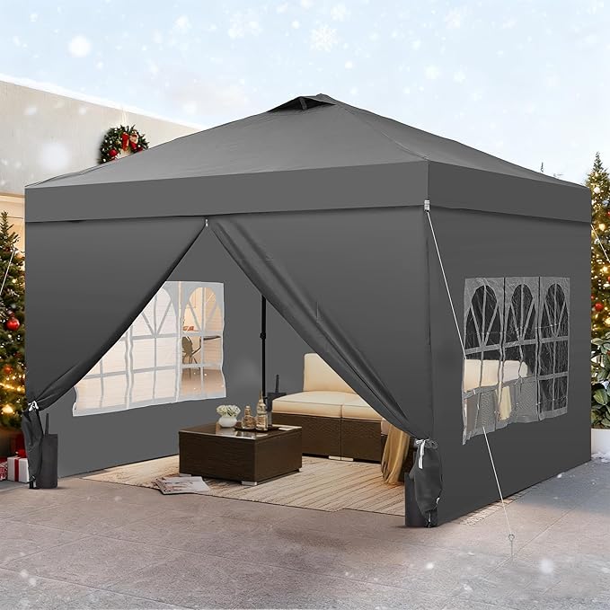 GDY 10x10 Pop Up Canopy Tent with 4 Sidewalls, Easy Set up with One Push Lift Outdoor Silver Coated Beach Gazebos, Carpas with 4 Sandbags, for Pool, Events, Parties, and Camping, Gray.