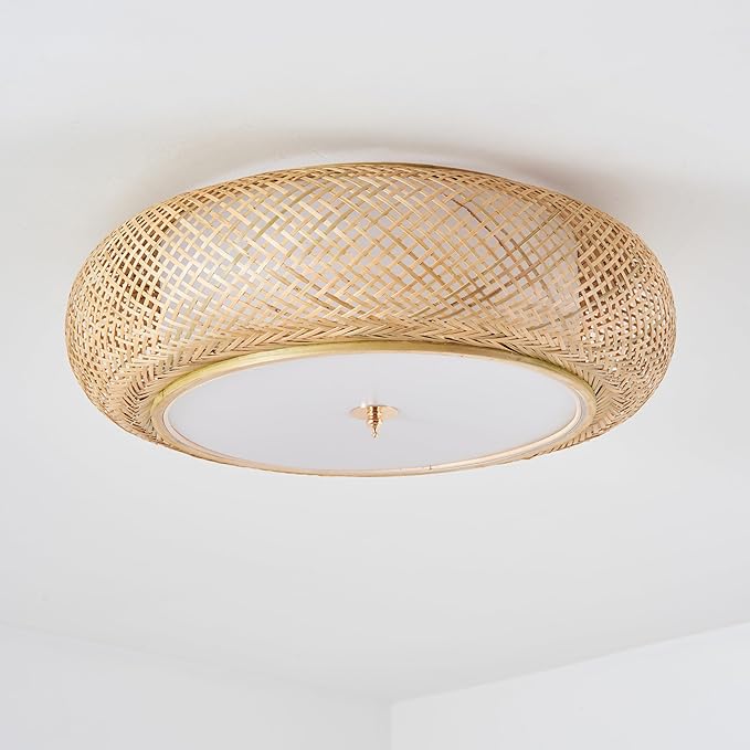 Bamboo Flush Mount Ceiling Light Handwoven Rattan Light Fixture, 3 Lights Boho Ceiling Lamp for Bedroom, Kitchen, Nursery (19-inch)