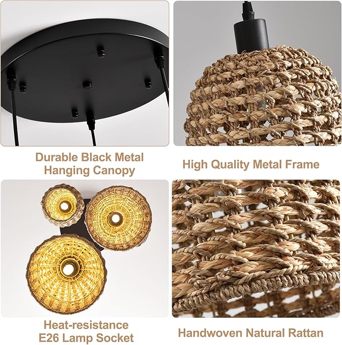 Rattan Pendant Lights,3-Light Wicker Coastal Chandelier Hand-Woven Boho Hanging Light,Kitchen Island Farmhouse Dining Room Living Room