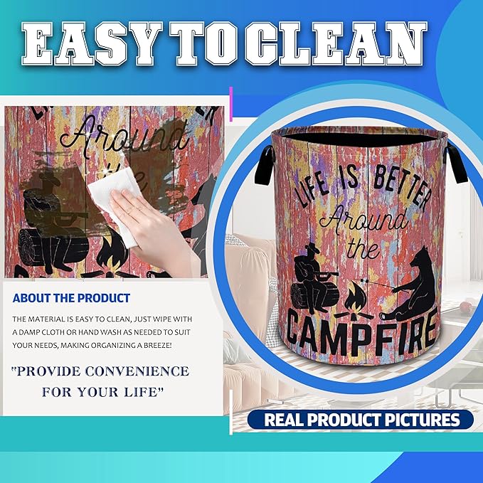 Life Is Better Around The Campfire Laundry Basket Oxford Cloth Funny Laundry Hamper With Handle Foldable Portable Clothes Storage Basket 18.9 X 16.5 Inch Storage Bag For Laundry Room/Bathroom/Bedroom