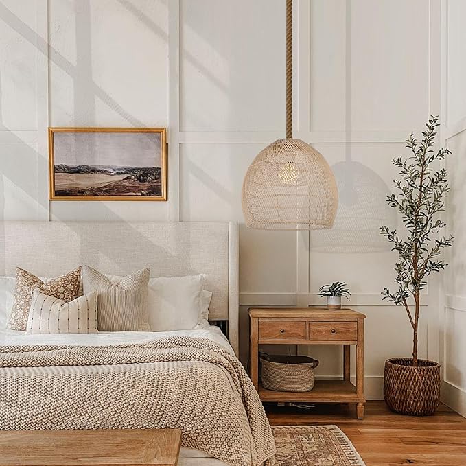 Arturesthome Natural Rattan Pendant Light for Kitchen Island, Woven Lamp Shade Chandelier, Hanging Ceiling Light, Handmade Lampshade Rope Lamp D15.7in*13.7in