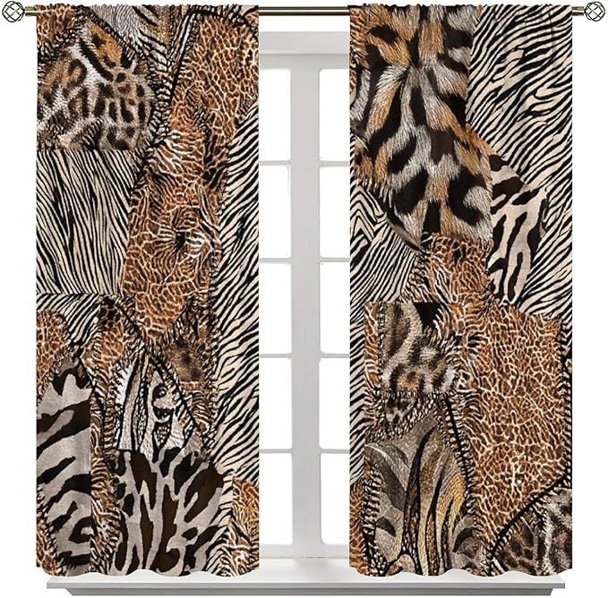 Leopard Print Curtains, Brown Wild Cheetah Zebra Animal Fur Farmhouse Window Curtains for Bedroom Kitchen Living Room 72" W X 63" L