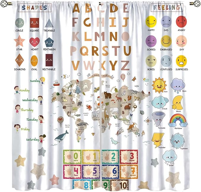 Kids Educational Curtain,Pastel ABC Alphabet Continents Map Numbers Shapes Weather Learning Tools Boy Girl Nursery Rod Pocket Blackout Window Treatments for Bedroom Living Room 52" W X 84" L
