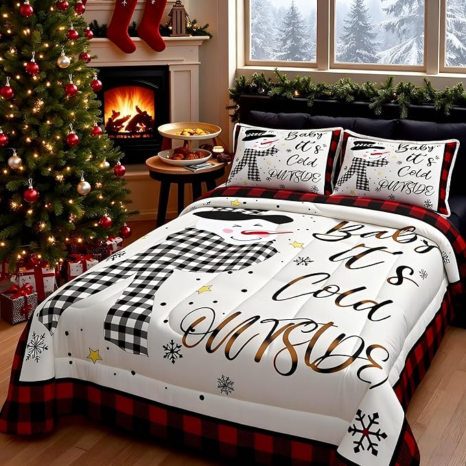 Kids Christmas Snowman Comforter Set Full Size,Snowflake Winter Bedding Set,Girls Boys Adults Xmas Decor,Geometric Grids Lattices Patch Down Comforter,Red Rustic Vintage Duvet Insert,2 Pillowcases