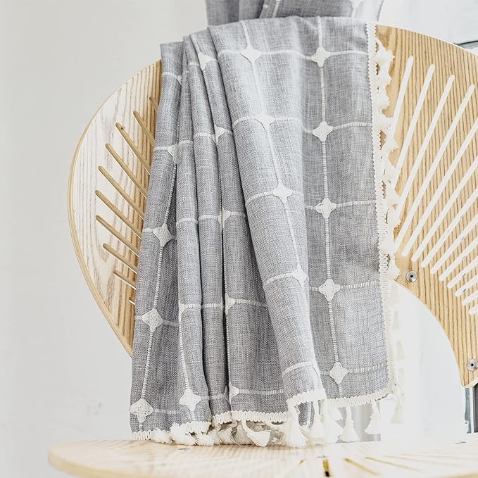 Deeprove Boho Curtains 96 Inches Long for Bedroom Kitchen, Cotton Linen Gray Plaids Embroidered Semi Blackout Bohemian Farmhouse Window Treatment Grids Drape Tassels, 1 Panel W52 x L96 Grey