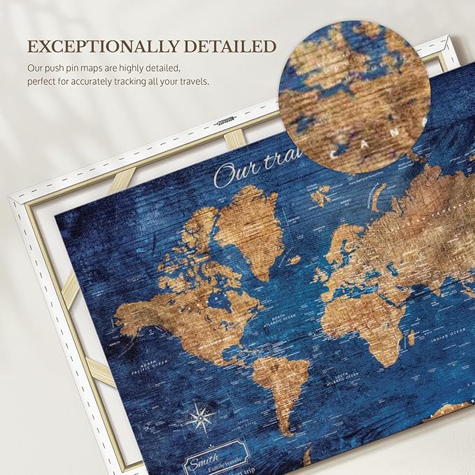 ElephantStock - Personalized Our Travel I Push Pin World Map Wall Art - Horizontal Canvas Wall Art - Living Room Wall Decor - Digital Art Map Canvas Art - Brown And Blue Decor - 48" x 32"