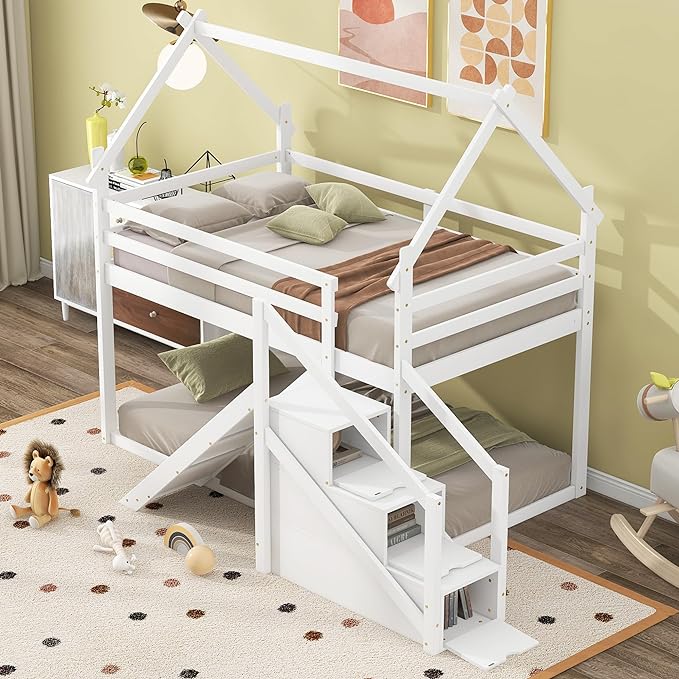 Flieks Twin Over Twin House Loft or Bunk Bed Frame for Boys Girls Kids Adults Toddler with Slide and Staircase, White