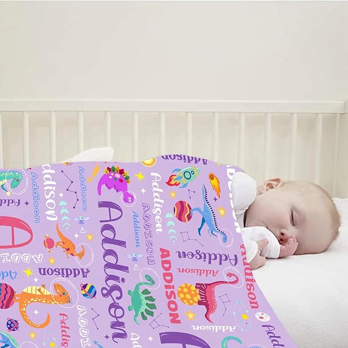 Personalized Dinosaur Lover Astronaut Gifts - Purple Baby Dinosaur Custom Blanket for Toddler Boys Girls - Super Soft Fuzzy Lightweight Flannel Throw Sheet Decor for Newborn Crib Nap Couch - 30" X 40"
