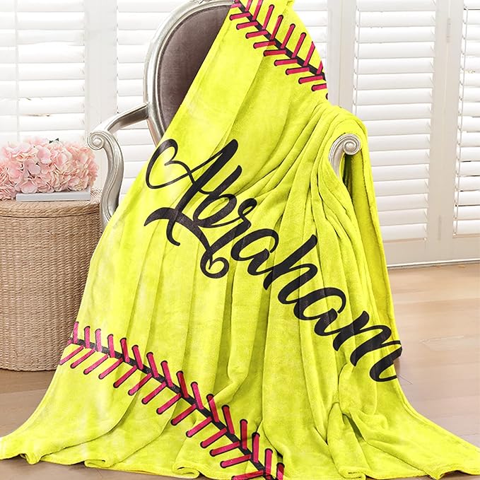 Personalized Softball Kids Blanket with Naumber and Name - Custom Sport Bed Blankets Gift for 0-3 Months Baby Essential and Warm 60x80inch