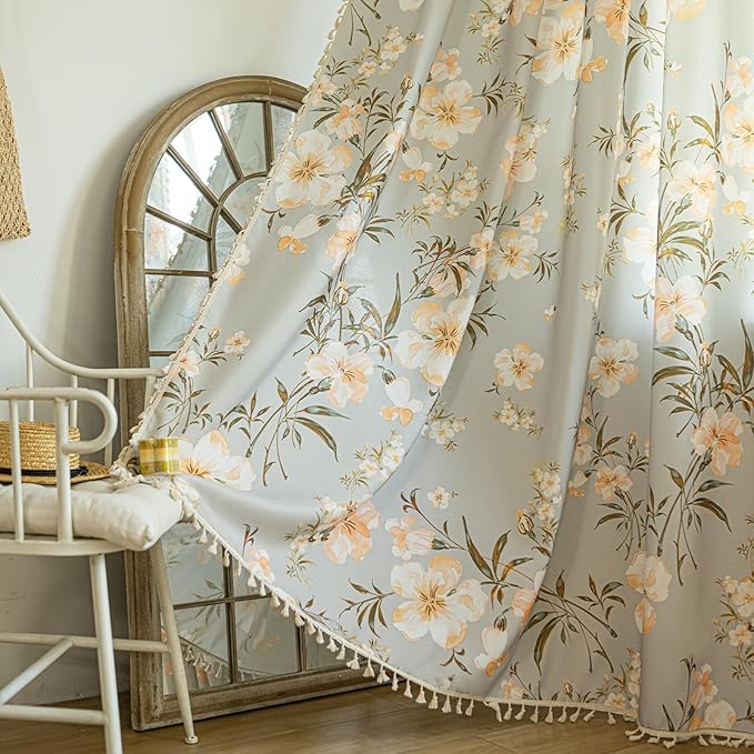 ENJOYBRIDAL Floral Curtains 84 Inch Length Living Room Bedroom Drapes Boho Dining Room Semi Sheer Farmhouse Window Curtains 2 Panels Floor Length Cottage Core Cute Rod Pocket Window Treatments