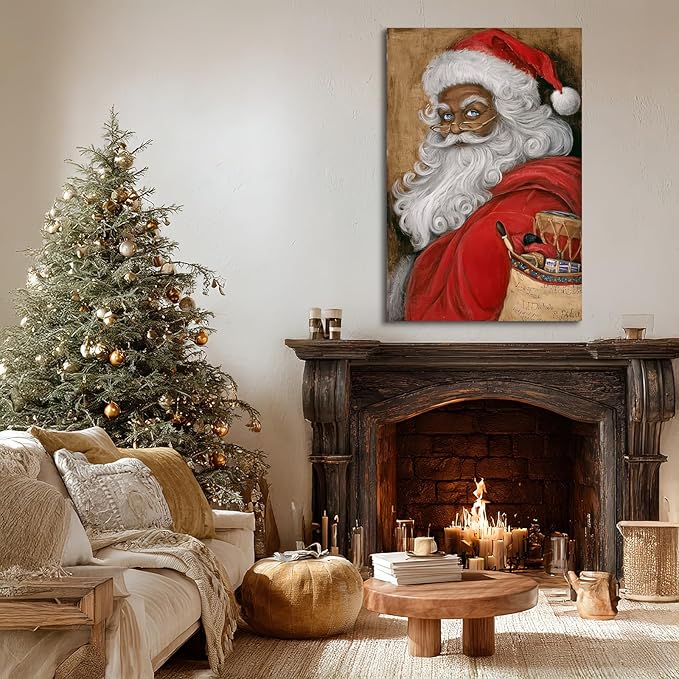 YONICA Christmas Canvas Wall Art Vintage Santa 20x30 Inch Retro Gift Bag with Toys - Large Framed Gallery Wrapped Traditional Decor