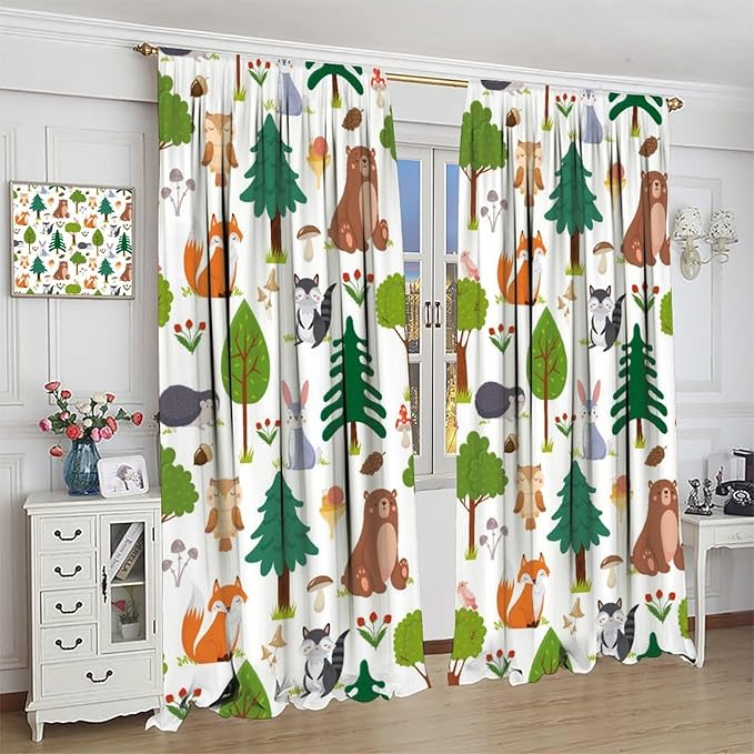 Jungle Animal Curtains, Woodland Animals Forest Pattern Blackout Window Treatments, Rod Pocket Thermal Insulated Drapes 2 Panel Sets for Kids Room Nursery Classroom, 42" W X 54" L