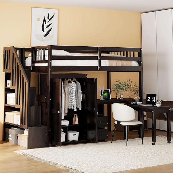 Merax Kids Twin Multifunction Loft Bed with Desk/Wardrobe, Wood Storage Loft Bed with Staircase, Bookshelf & Drawers, No Box Spring Needed, Space Saving, Espresso