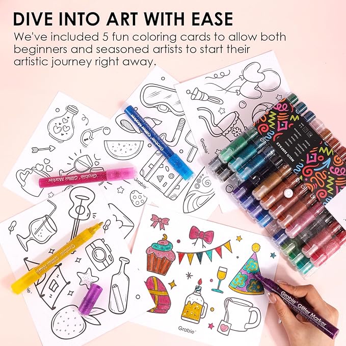 Grabie 24 Glitter Metallic Markers, Medium Tip Glitter Acrylic Paint Markers, Quick-Drying Water-based Ink Glitter Pens for Adults, DIY Crafts Making, Set of 24