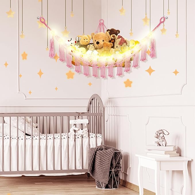 Stuffed Animal Hammock with LED Light, Large Stuffed Animals Storage Corner Plushie Net for Kids Room Decor, Jumbo Pink