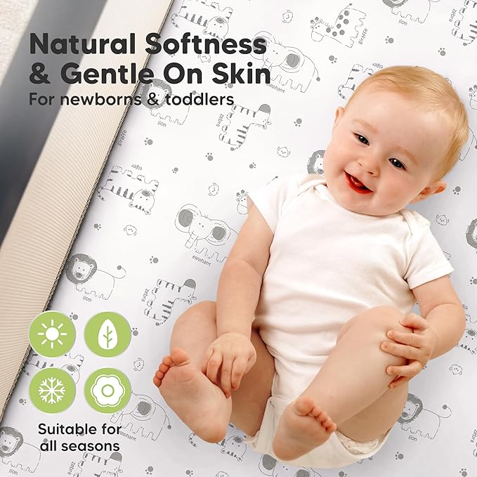 2-Pack Pack and Play Sheets, Waterproof Mini Crib Sheets Fitted - Organic Cotton Pack N Play Sheets for Graco Pack and Play Mattress, Playard Baby Crib Sheets, Neutral for Boy,Girl,Toddler(KeaSafari)
