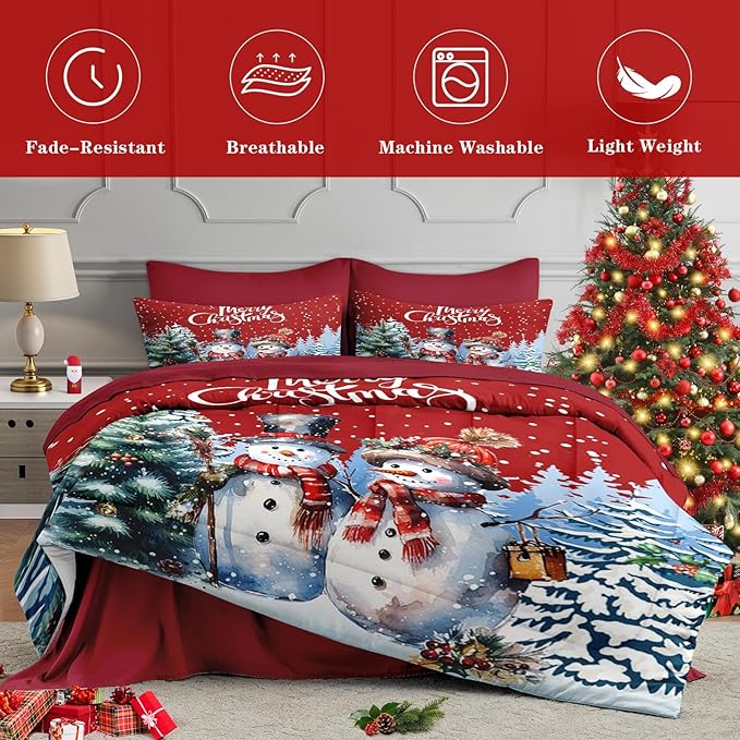 7 Pcs King Size Christmas Comforter Set with 2 Pillowcases & 2 Shams, Winter Wonderland Bedding for Kids and Adults, Happy Snowman Bed in a Bag with Flat Fitted Sheet