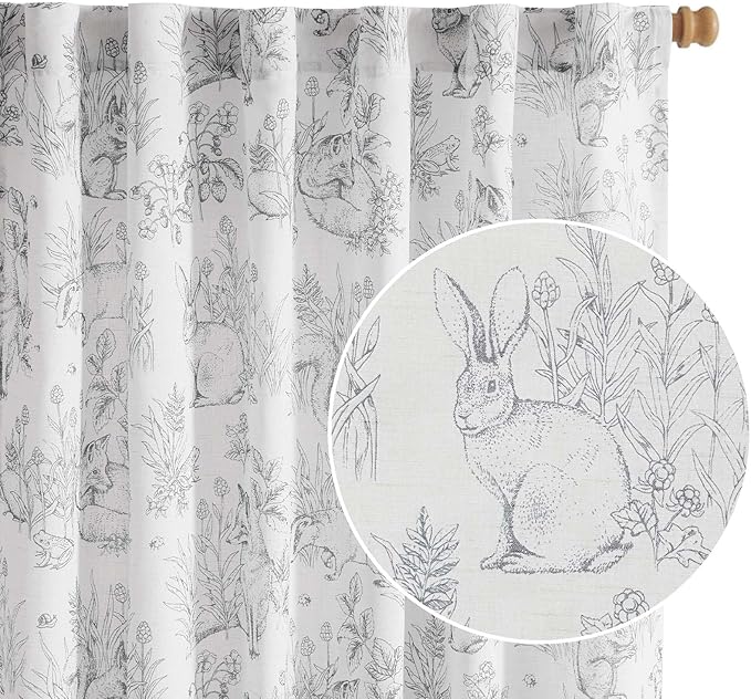 jinchan Linen Nursery Curtains 96 inch Long Woodland Wildlife Grey Print Drapes for Kid's Room Light Filtering French Country Farmhouse Gray Curtains with Bunny and Forest Design Set of 2 Panels