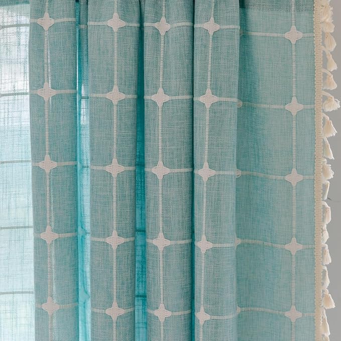 Deeprove Green Boho Curtains 96 Inches Long for Bedroom Nursery Room, Cotton Linen Lattice Plaids Embroidery Semi Blackout Bohemian Window Treatment Grids Drape Tassels, 1 Panel W52 x L96, Aqua