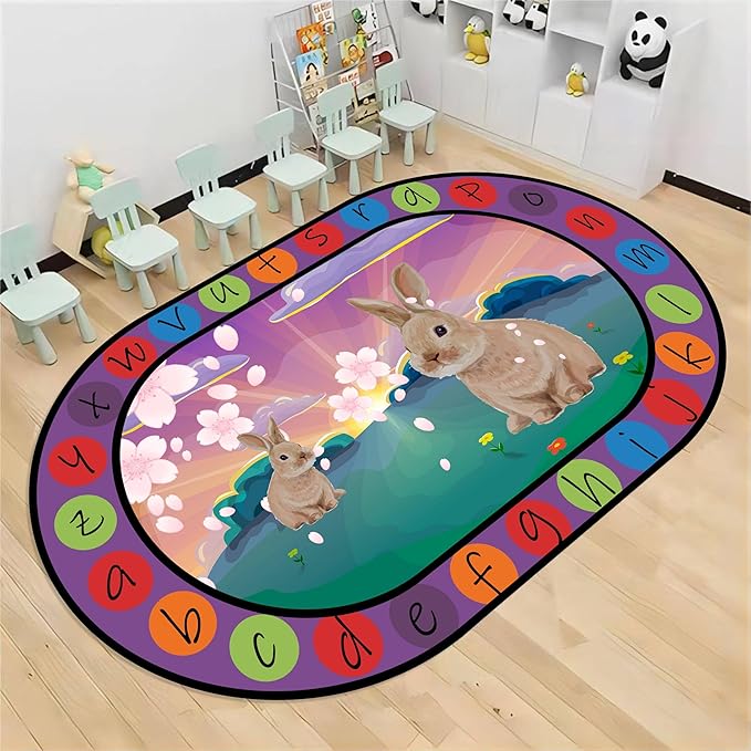 Rabbit Print Area Rug, 4x5ft, Bunny Sakura Flower Easter Floor Mat, Educational and Fun Rugs with ABC Alphabet, Non-Slip Washable Kids Play Mat for Boys and Girls Home Decor