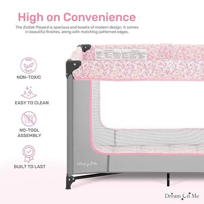 Dream On Me Zodiak Portable Playard in Grey and Pink, Lightweight, Packable and Easy Setup Baby Playard, Breathable Mesh Sides and Soft Fabric - Comes with a Removable Padded Mat