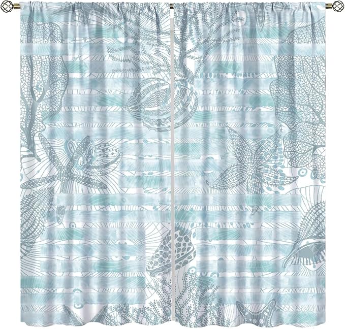 Starfish Curtains，Starfish and Seashells Coastal Curtain Ocean Themed Underwater Marine Decor Waterproof Fabric Curtain Set 2 Panels,55x63 Inches