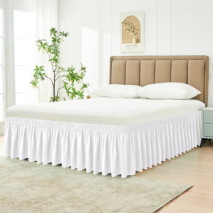 Biscaynebay Wrap Around Bed Skirts for Twin & Twin XL Beds 15" Drop, White Adjustable Elastic Dust Ruffles Easy Fit Wrinkle & Fade Resistant Silky Luxurious Fabric Machine Washable