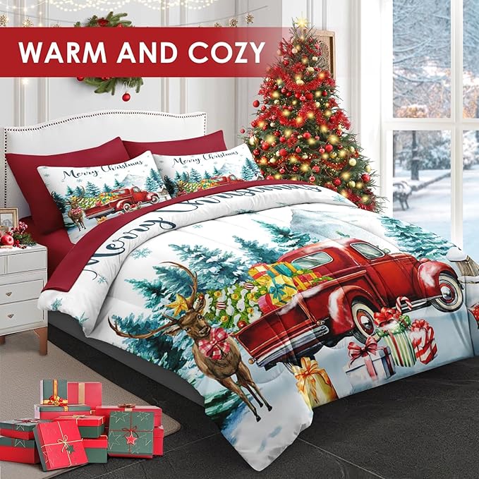 7 Pcs Queen Size Christmas Comforter Set with 2 Pillowcases & 2 Shams, Red Vintage Truck Elk Bedding for Kids and Adults, Winter Forest Bed in a Bag with Flat Fitted Sheet