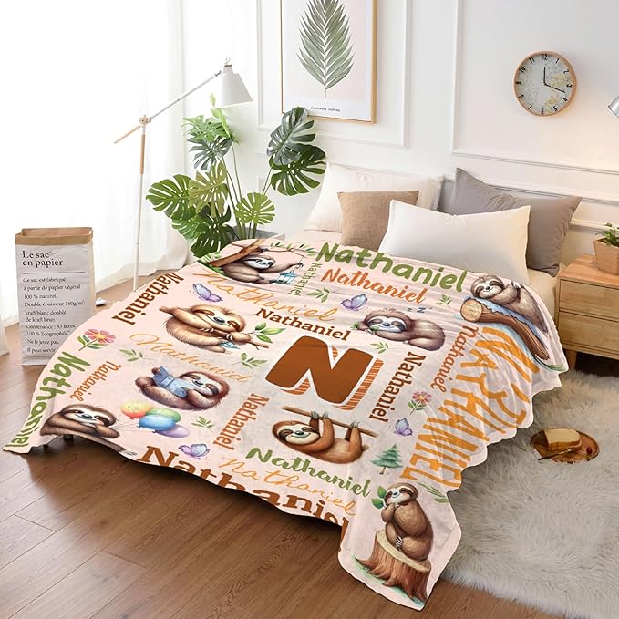 Personalized Custom Sloth Blanket Gifts for Kids Boys Girls with Name - Customized Sloth Super Soft Lightweight Flannel Sheets Decor for Crib Nap Couch - 60"x80" for Adult