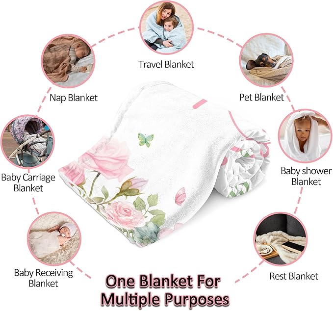 Ship Next Day, Personalized Baby Blankets for Girls, Custom Kids Blanket with Name Flowers, Receiving Blankets for Newborn Girl Gifts Swaddle, Customized Baby Shower Birthday