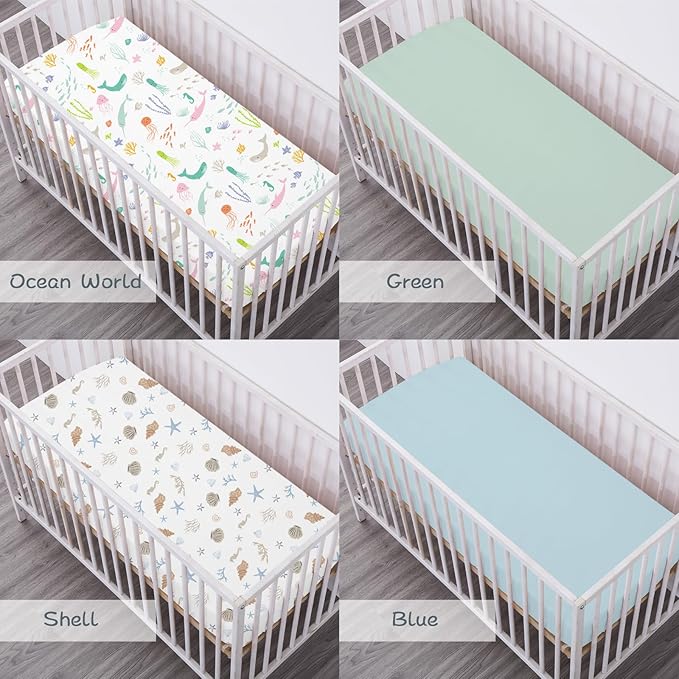 Little Grape Land Crib Sheets, 4-Pack Soft Microfiber Fitted Baby Sheets for Standard Crib and Toddler Mattress, 28x52x8inch, Secure & Breathable Bedding (Ocean World & Shell & Blue & Green)