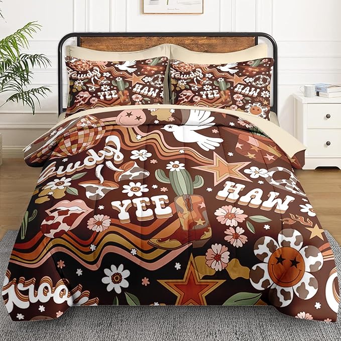 7 Pcs Full Size Comforter Set with 2 Pillowcases & 2 Shams, Western Hippie Cowgirl Bedding for Kids and Adults, West Boho Cowboy Bed in a Bag with Flat Fitted Sheet