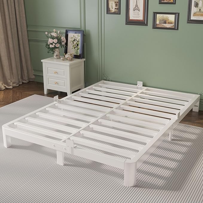 King Size Bed Frame 4 Inch White, Metal King Bed Frame with Baffles, No Box Spring Needed, Heavy Duty Steel Platform Support, Rounded Corner Legs, Noise Free, Easy Assembly