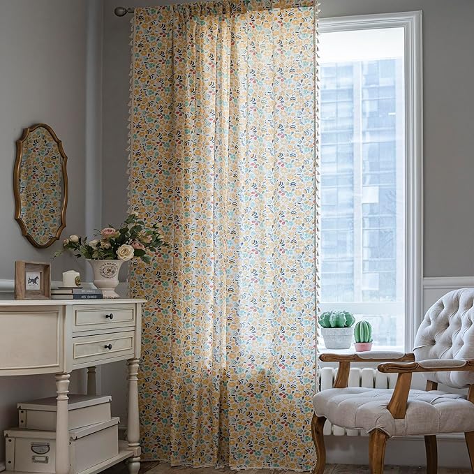Floral Curtains 63 Inch Length 2 Panels Tassel Boho Semi-Sheer Drapes Bedroom Living Room Farmhouse Short Rustic Country Yellow Green Flower Rod Pocket Cotton Linen Blend Window Curtain Panel